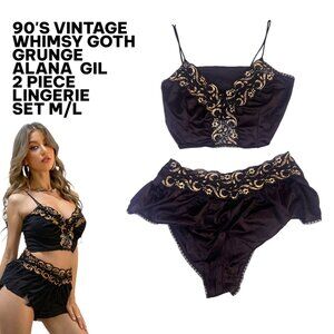 VTG. 90'S BLACK LACE WHIMSY GOTH GRUNGE ALANA GALE 2 PIECE LINGERIE SET M/L